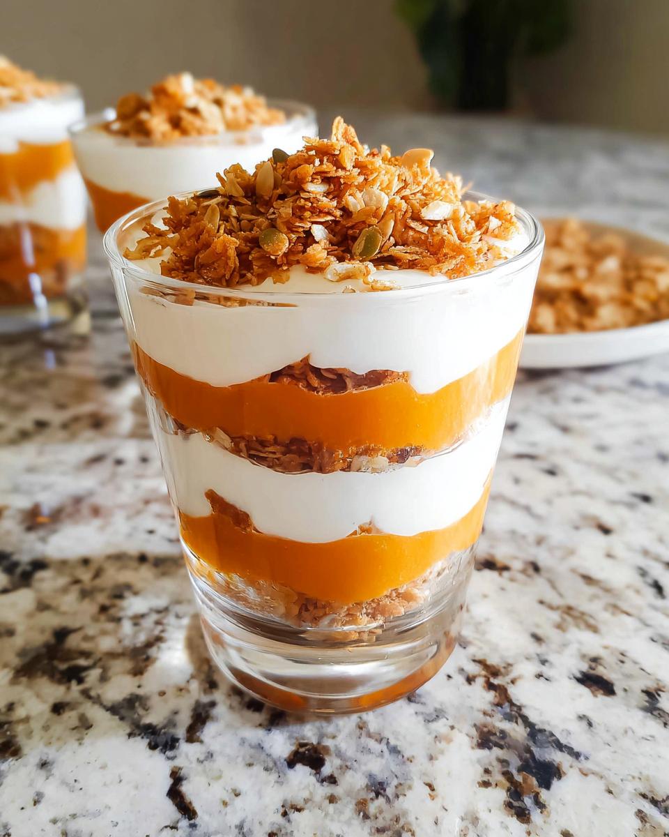 Close-up of a layered Pumpkin Yogurt Parfait (2025) in a glass, topped with crunchy granola and pumpkin seeds.