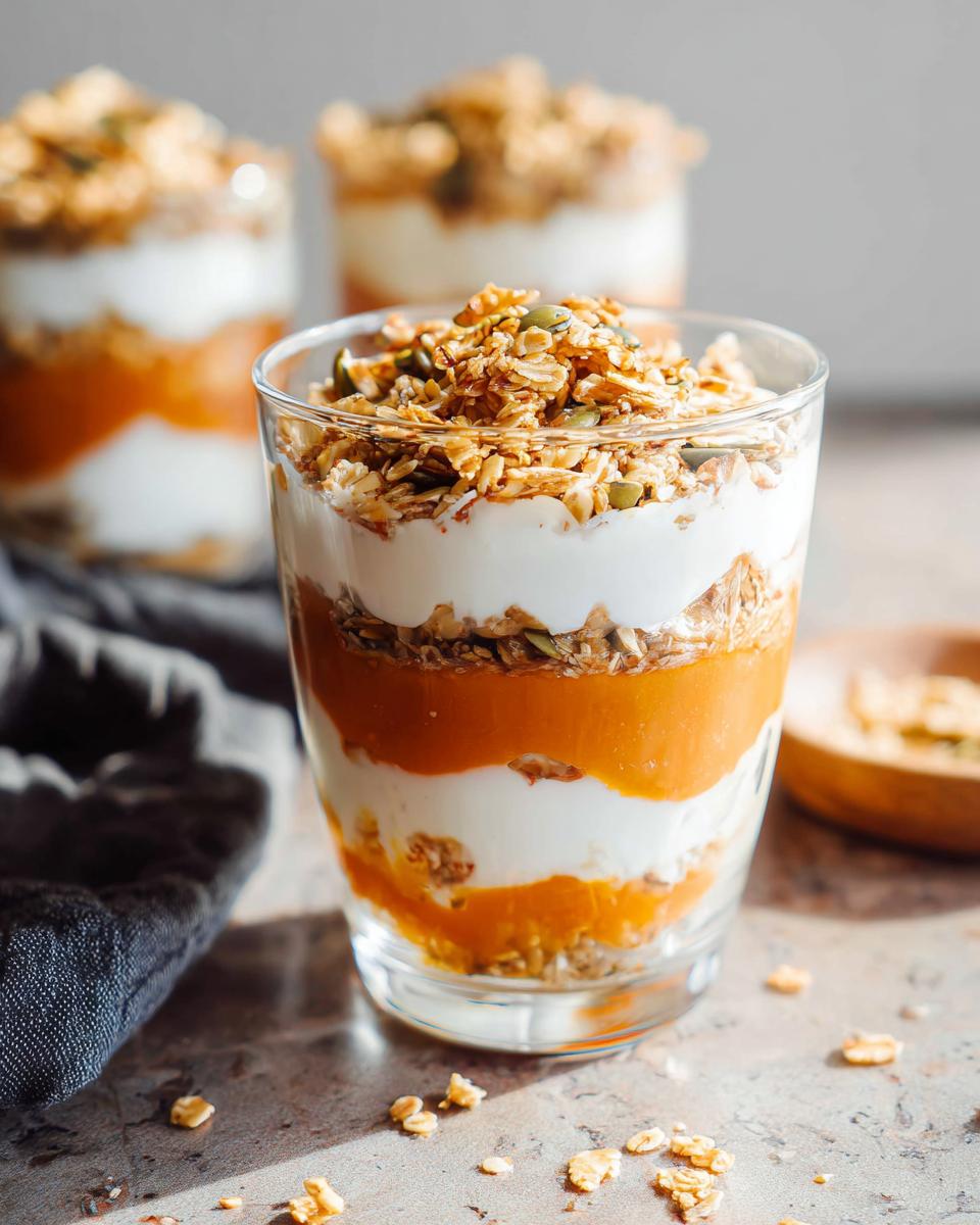 Close-up of a glass filled with layered Pumpkin Yogurt Parfaits, featuring pumpkin puree, yogurt, and granola.