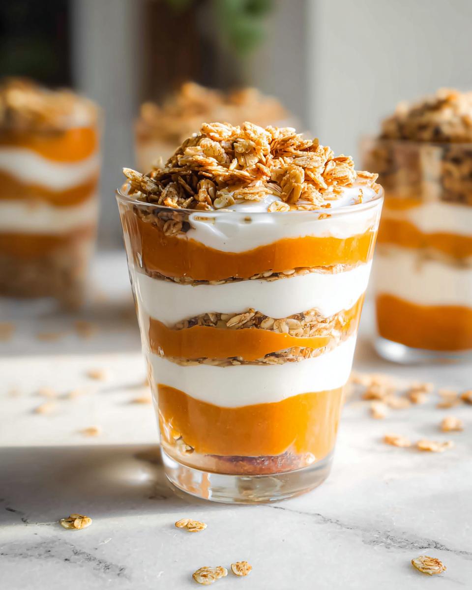 Close-up of a layered Pumpkin Yogurt Parfait with creamy yogurt, vibrant pumpkin puree, and crunchy granola in a glass.