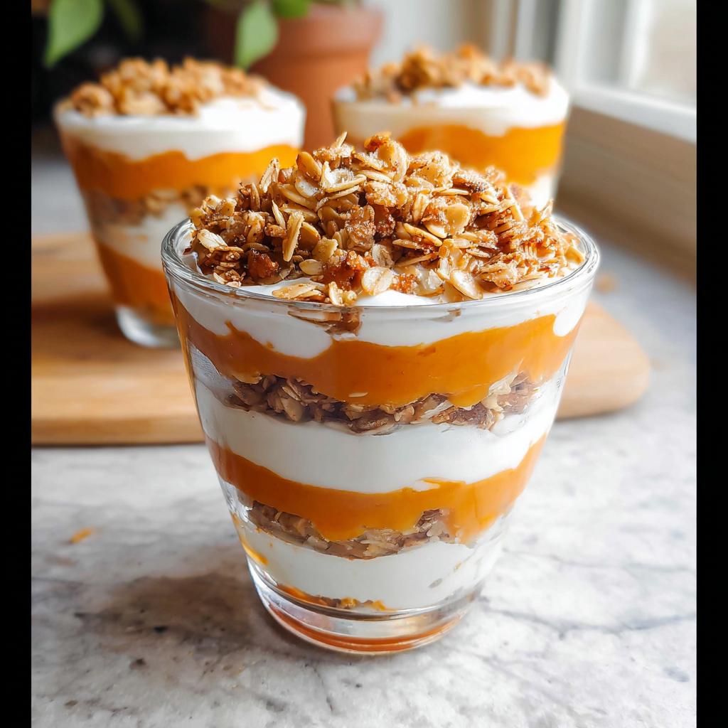Close-up of a Pumpkin Yogurt Parfait layered with creamy yogurt, vibrant pumpkin puree, and crunchy granola in a clear glass.