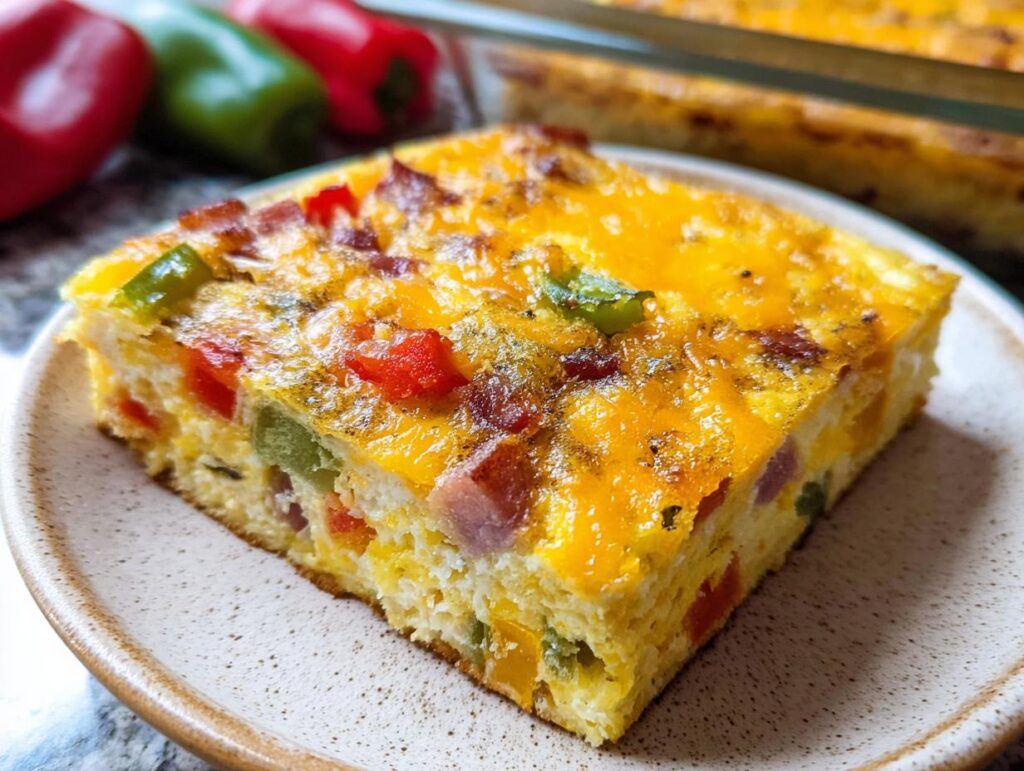 A close-up of a square slice of Quick Breakfast Casserole topped with melted cheddar cheese, bacon, and colorful peppers.