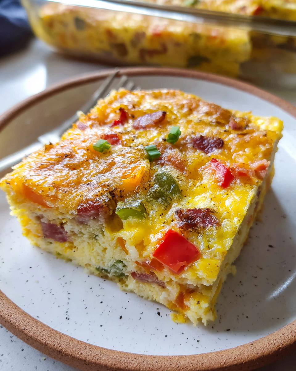 A square slice of Quick Breakfast Casserole with eggs, cheese, bacon, and colorful bell peppers on a speckled plate.