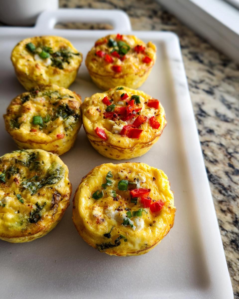 Six freshly baked Breakfast Meal Prep Egg Cups topped with peppers and chives, arranged on a white serving tray.