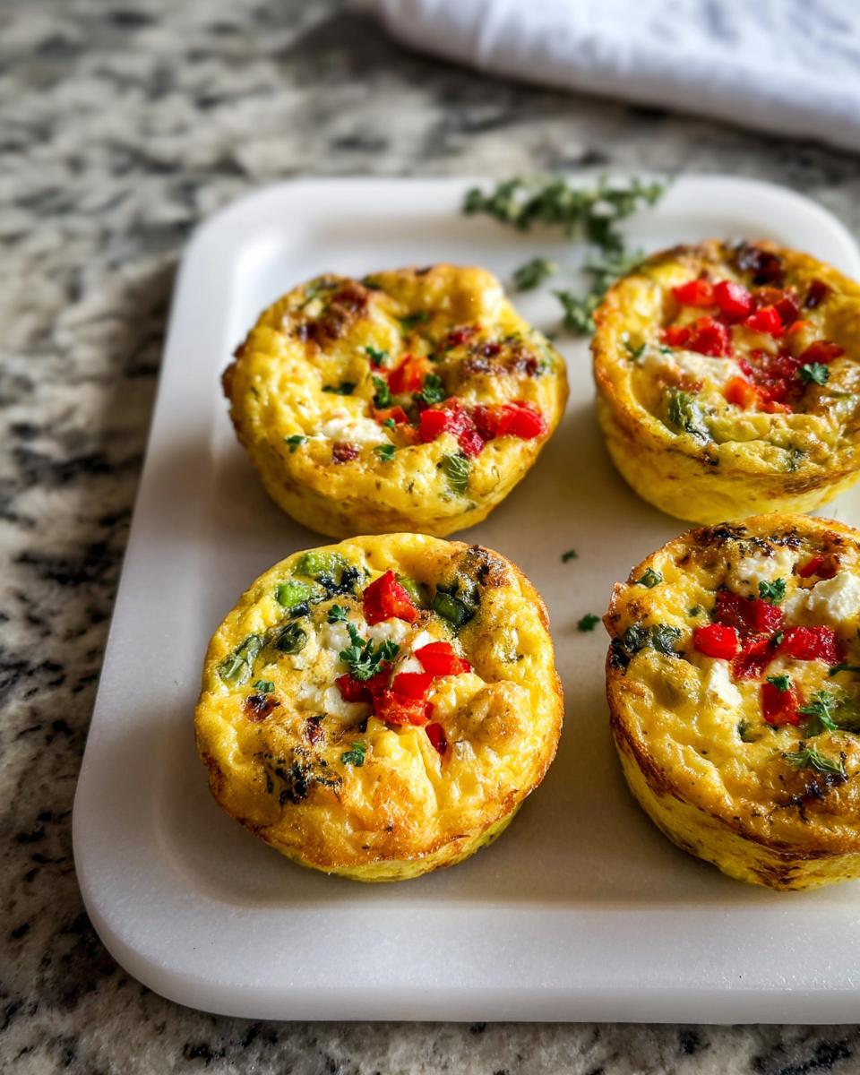 Four golden-brown Breakfast Meal Prep Egg Cups topped with diced red peppers and herbs on a white tray.