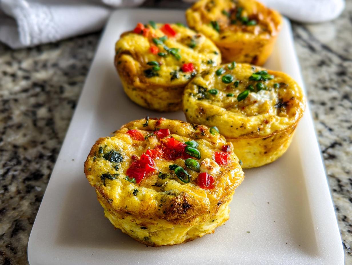 Four golden-brown Breakfast Meal Prep Egg Cups topped with red peppers and chives on a white serving tray.