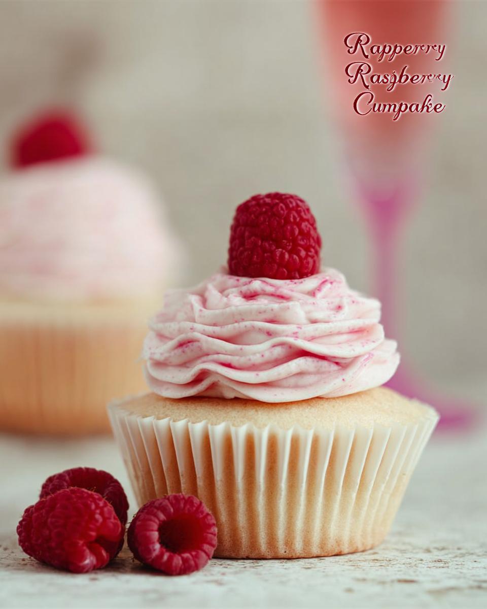 A beautifully frosted Raspberry Champagne Cupcakes topped with a fresh raspberry, with more berries beside it.