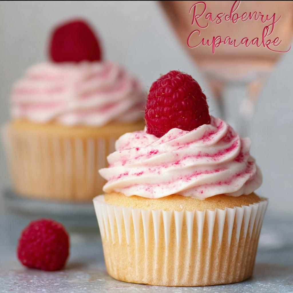 A close-up of a perfectly frosted Raspberry Champagne Cupcakes topped with a fresh raspberry.