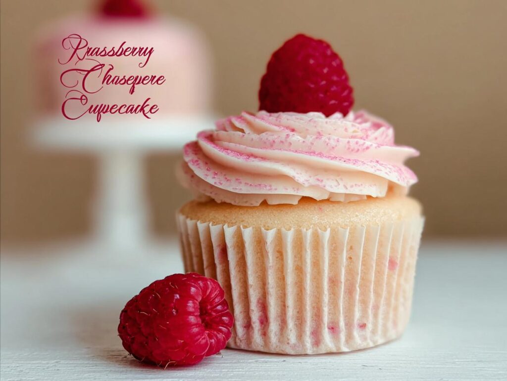 Close-up of a Raspberry Champagne Cupcakes topped with pink frosting and a fresh raspberry.