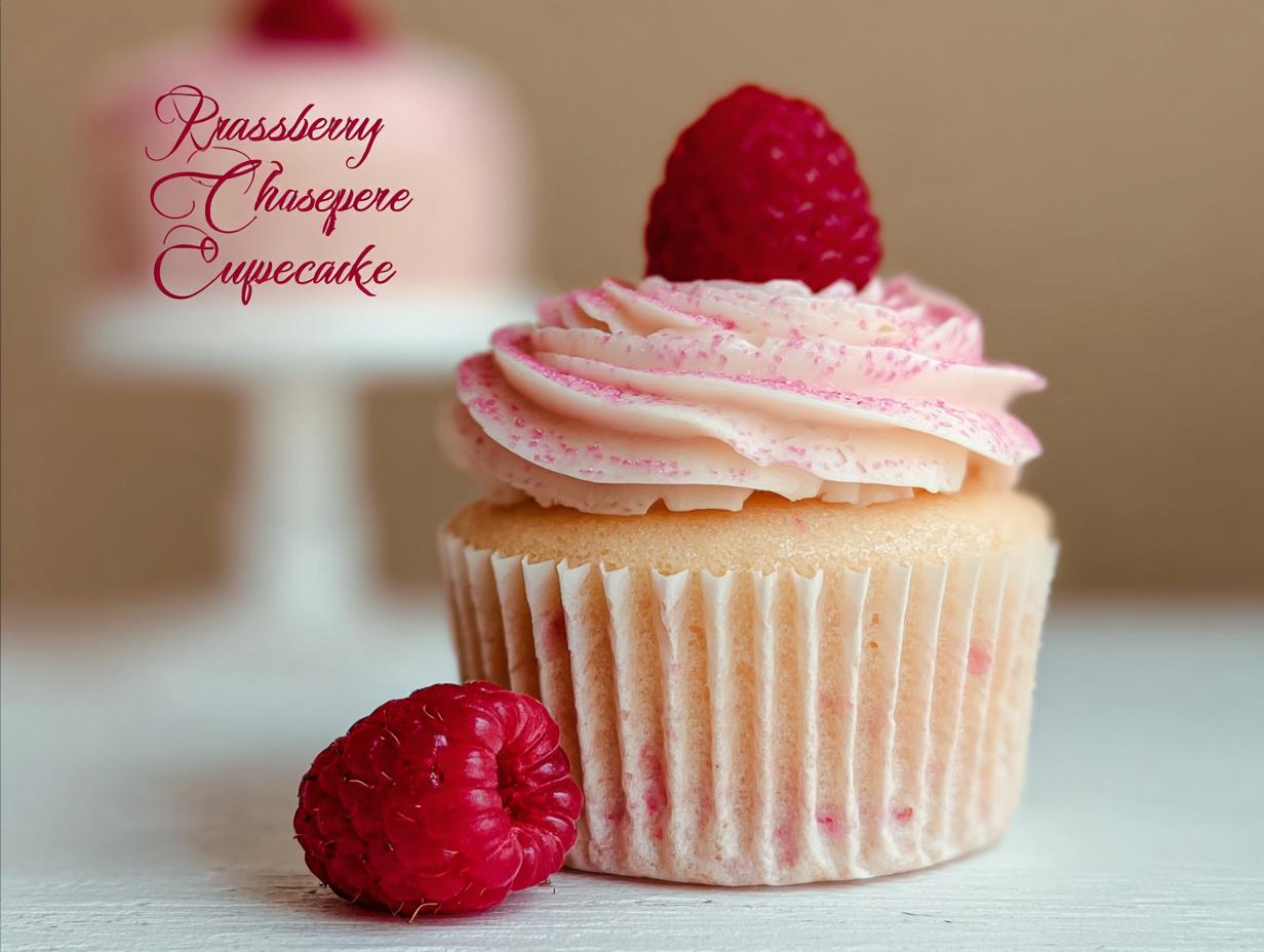 Close-up of a Raspberry Champagne Cupcakes topped with pink frosting and a fresh raspberry.