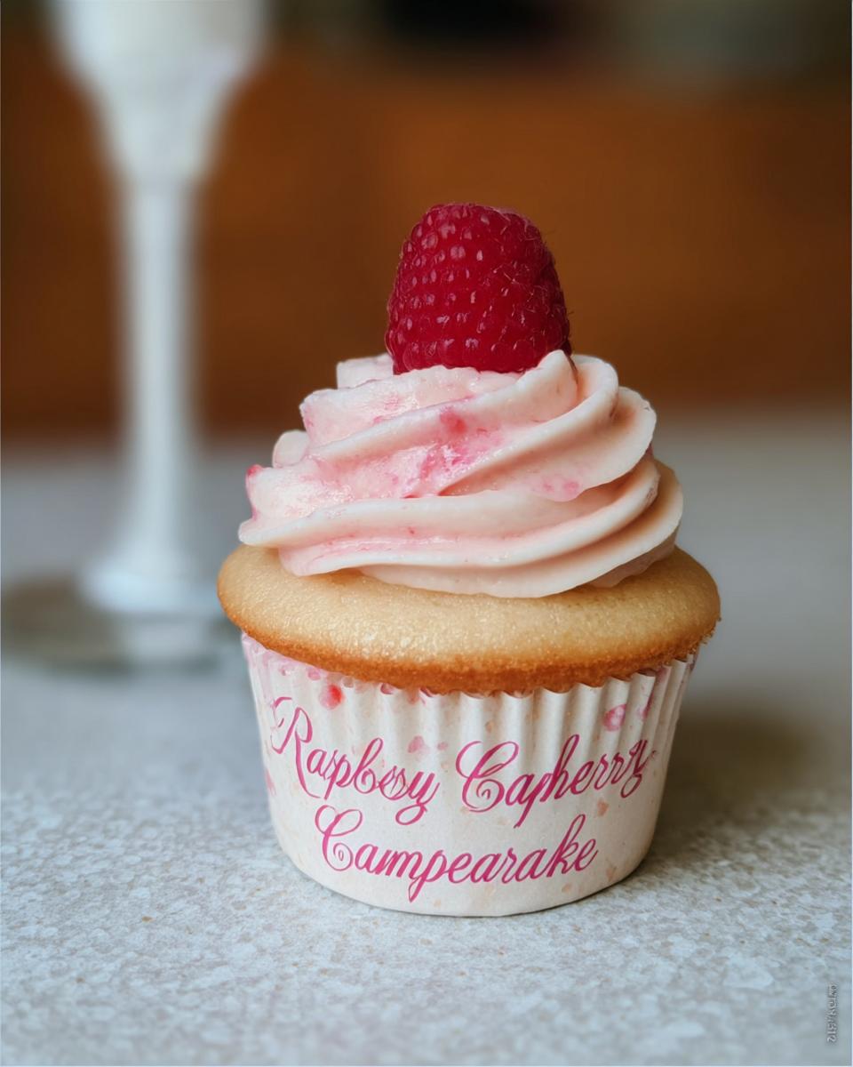 Close-up of a single Raspberry Champagne Cupcakes with pink frosting and a fresh raspberry on top.