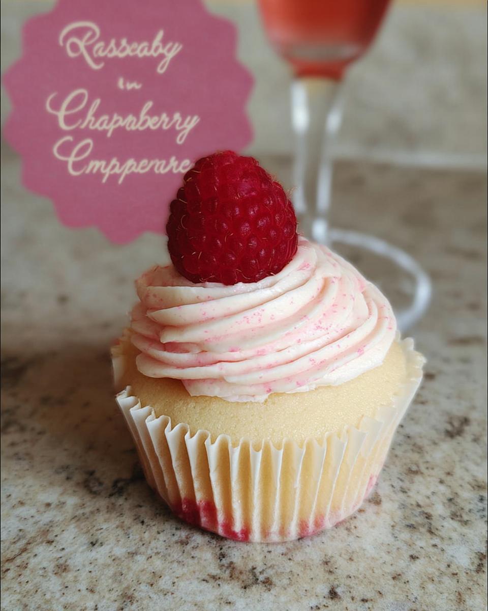 A single Raspberry Champagne Cupcake topped with pink swirled frosting and a fresh raspberry.