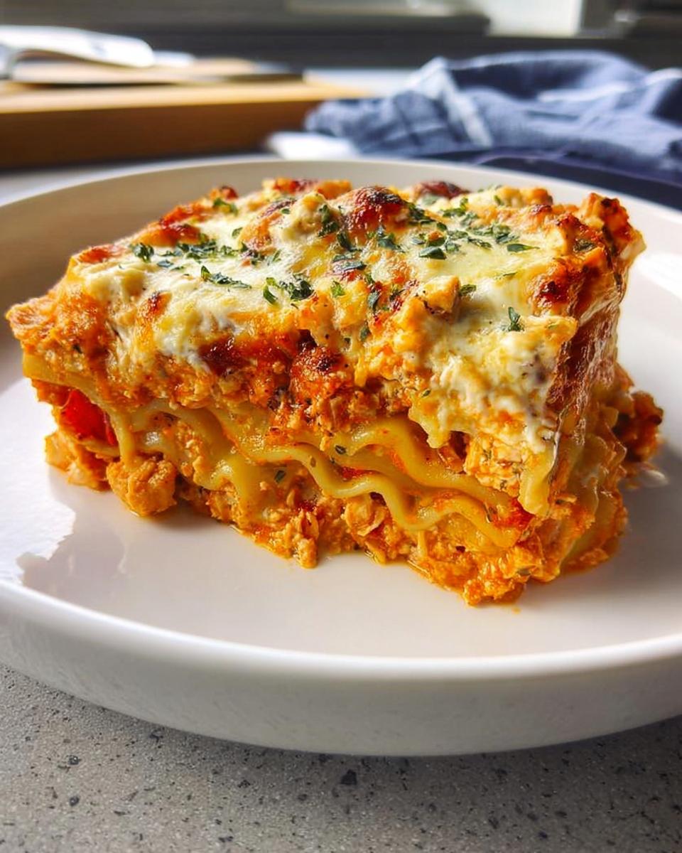 A delicious slice of restaurant-style lasagna with layers of pasta, rich sauce, and melted cheese, garnished with herbs.