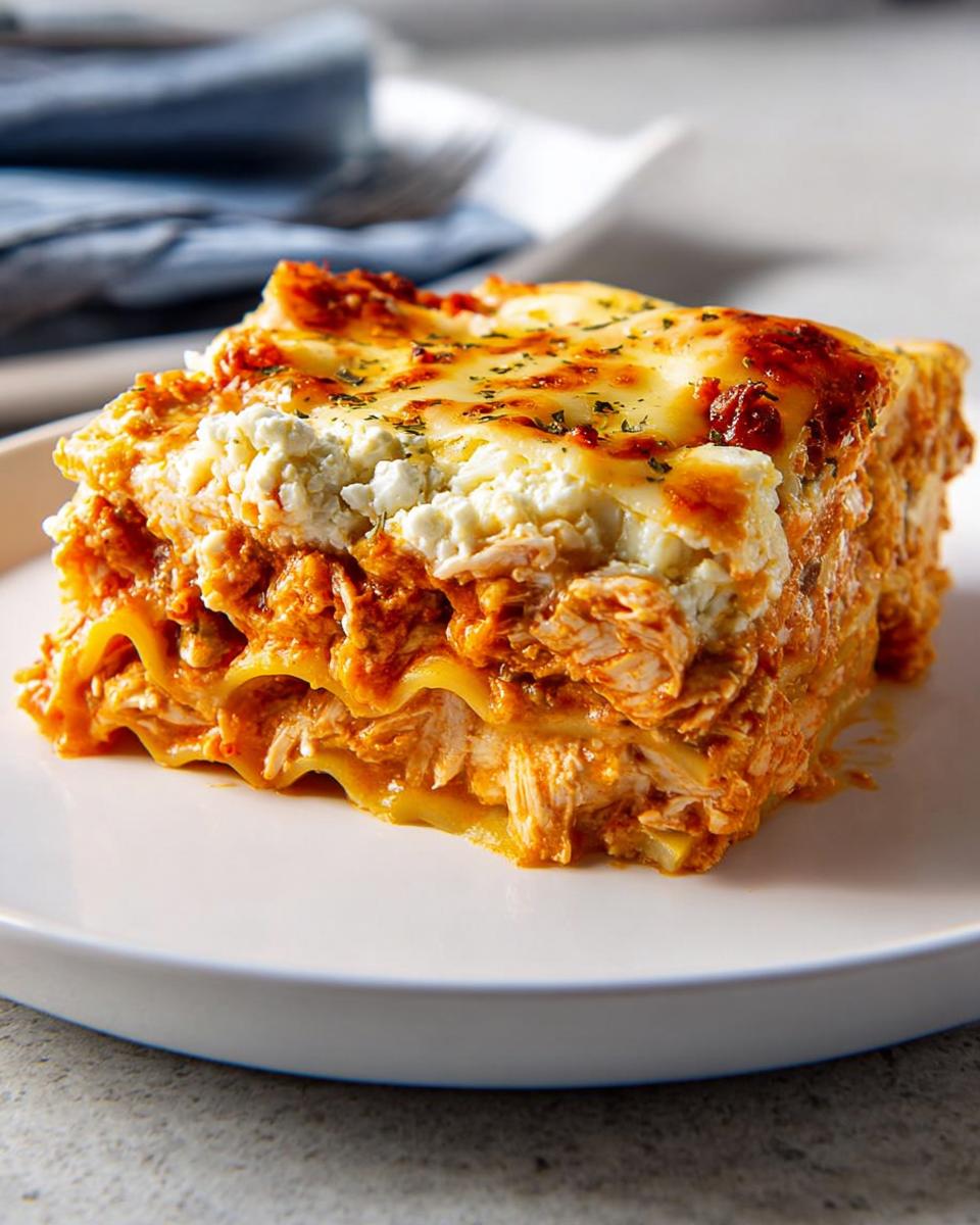 A delicious slice of restaurant-style lasagna with layers of pasta, chicken, sauce, and cheese.