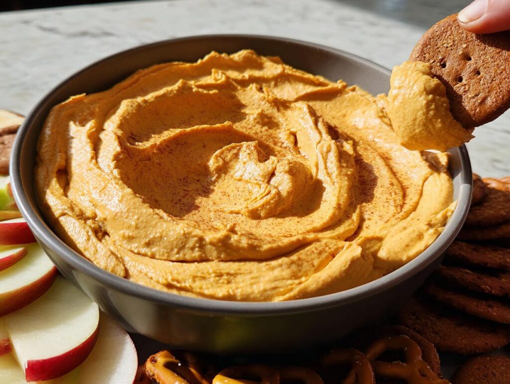 A bowl of creamy orange Thanksgiving dessert dip, with a cracker being dipped into it, surrounded by apple slices and pretzels.