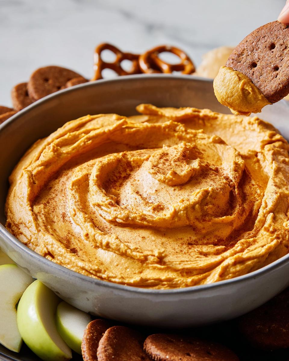 A bowl of creamy pumpkin dip, sprinkled with cinnamon, served with cookies and apple slices for dipping.