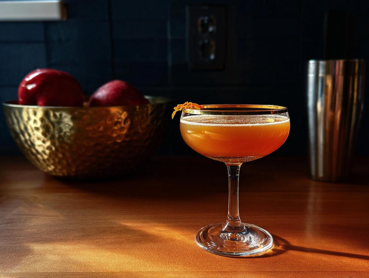A sophisticated amber-colored cocktail in a coupe glass, garnished with orange zest, perfect for Restaurant-Style Thanksgiving Drinks at Home.