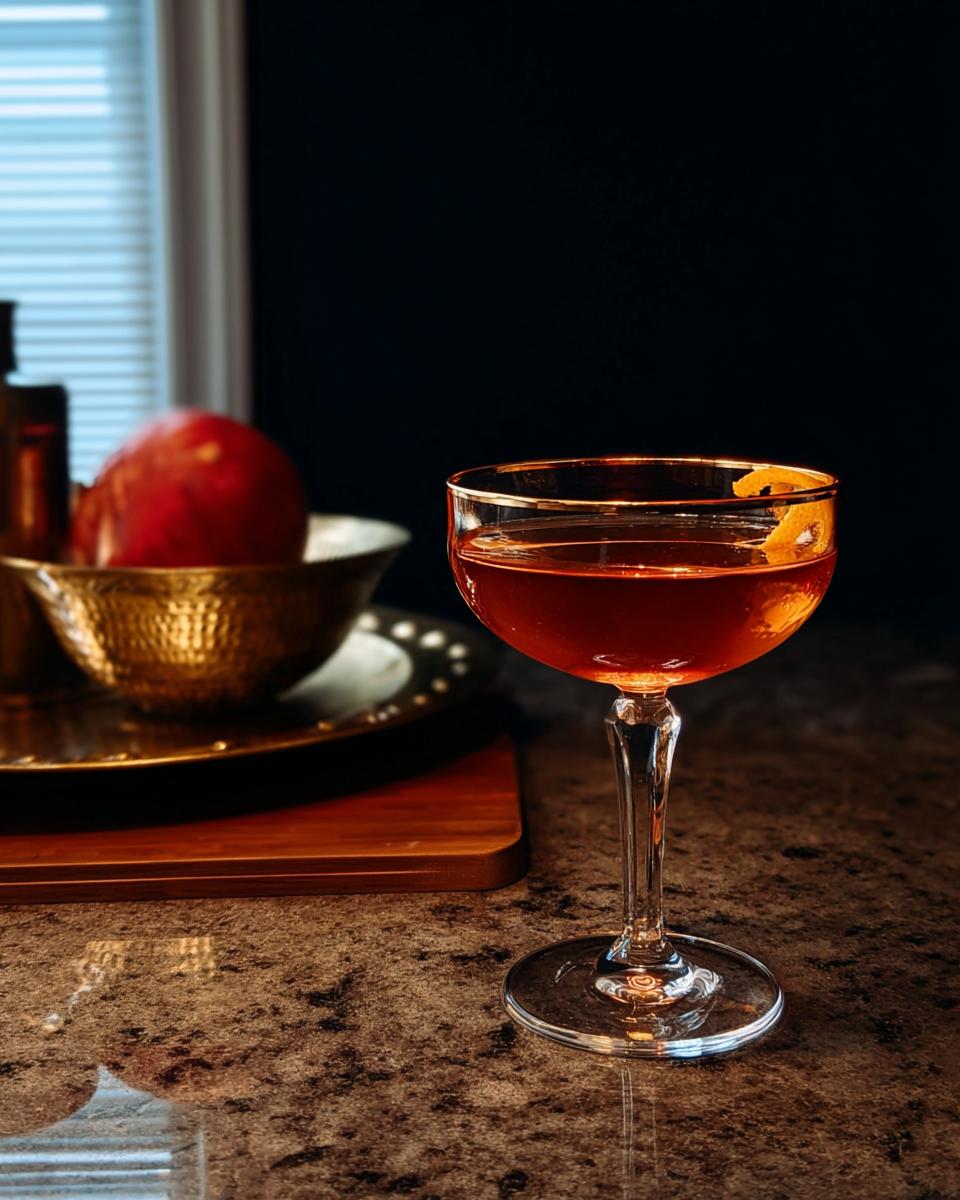A sophisticated amber-colored Thanksgiving drink in a coupe glass, garnished with an orange peel, perfect for restaurant-style Thanksgiving drinks at home.