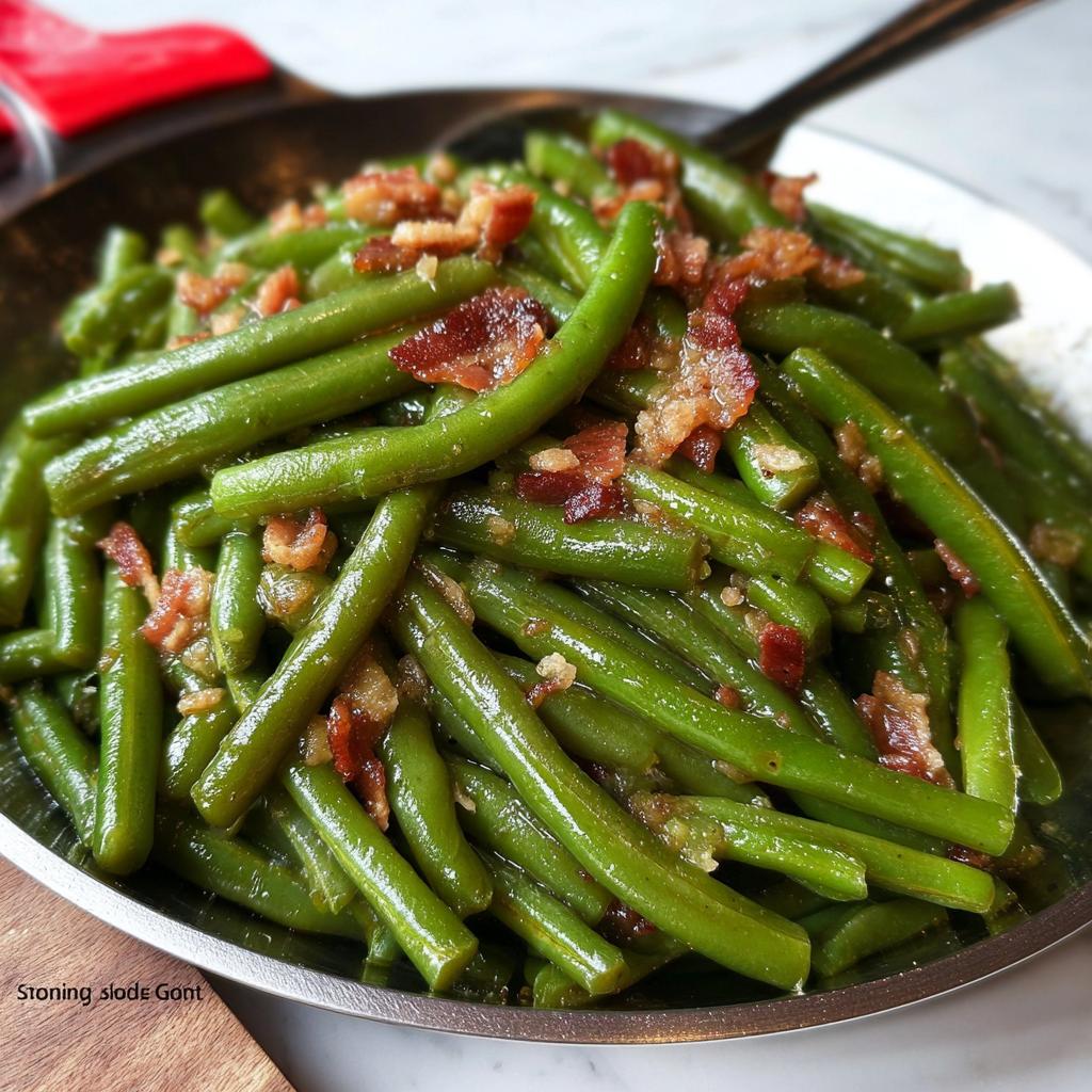 Close-up of vibrant green beans tossed with crispy bacon bits, perfect for Restaurant-Style Thanksgiving Green Beans at Home.