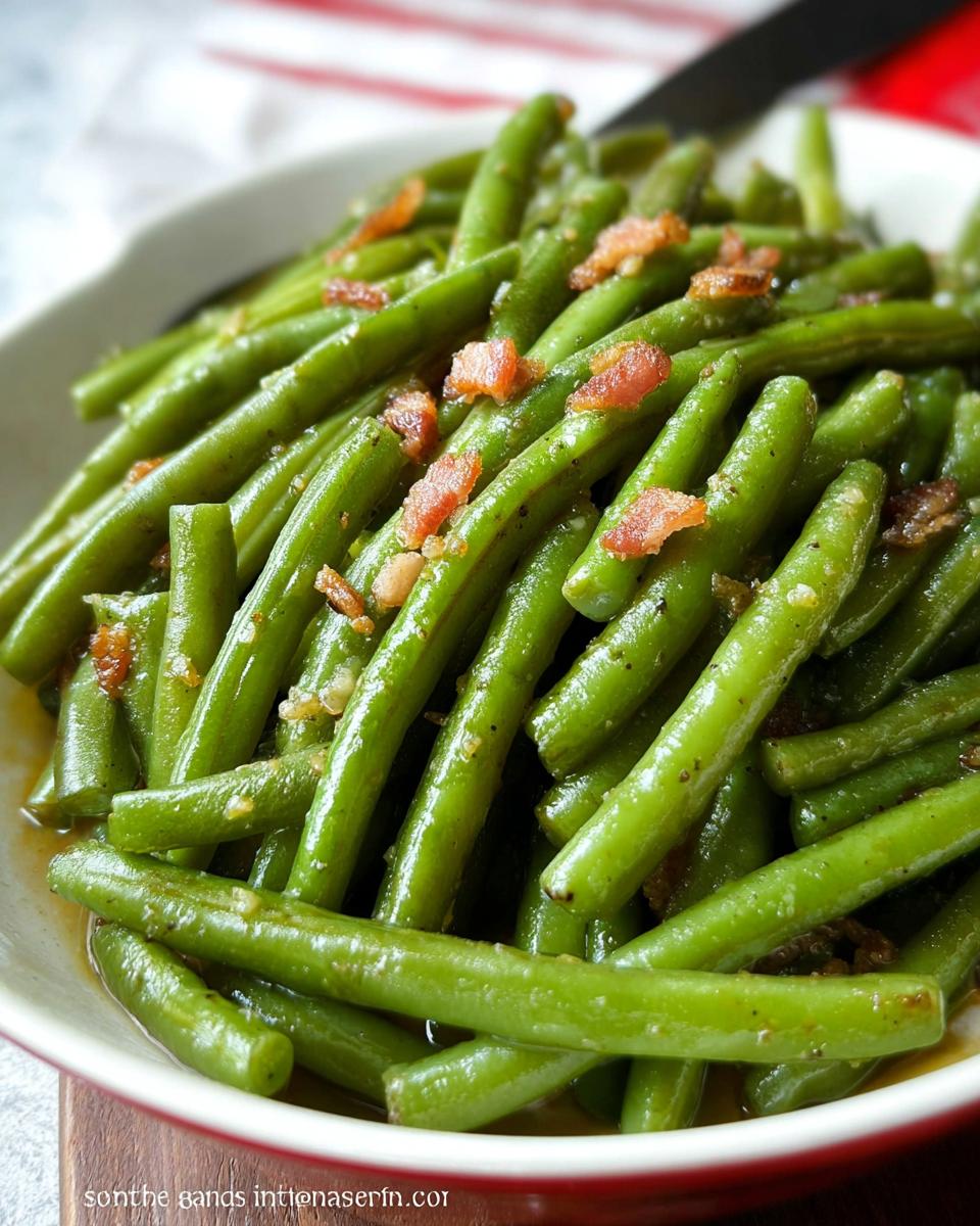 Close-up of vibrant green beans topped with crispy bacon, prepared restaurant-style for Thanksgiving.