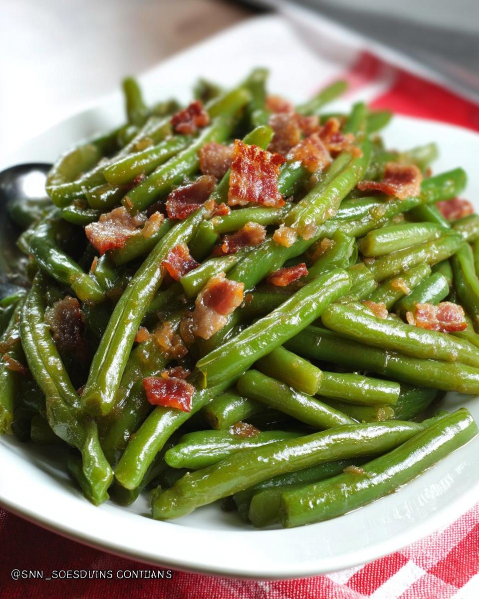 Close-up of Restaurant-Style Thanksgiving Green Beans at Home, topped with crispy bacon bits.