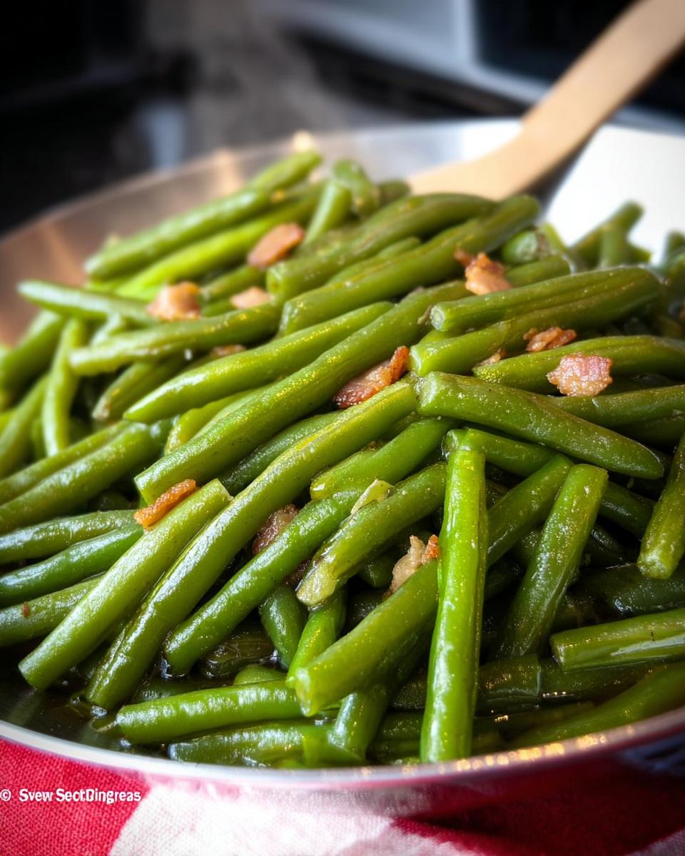 Close-up of vibrant green beans cooked with crispy bacon pieces, ready for Thanksgiving dinner.