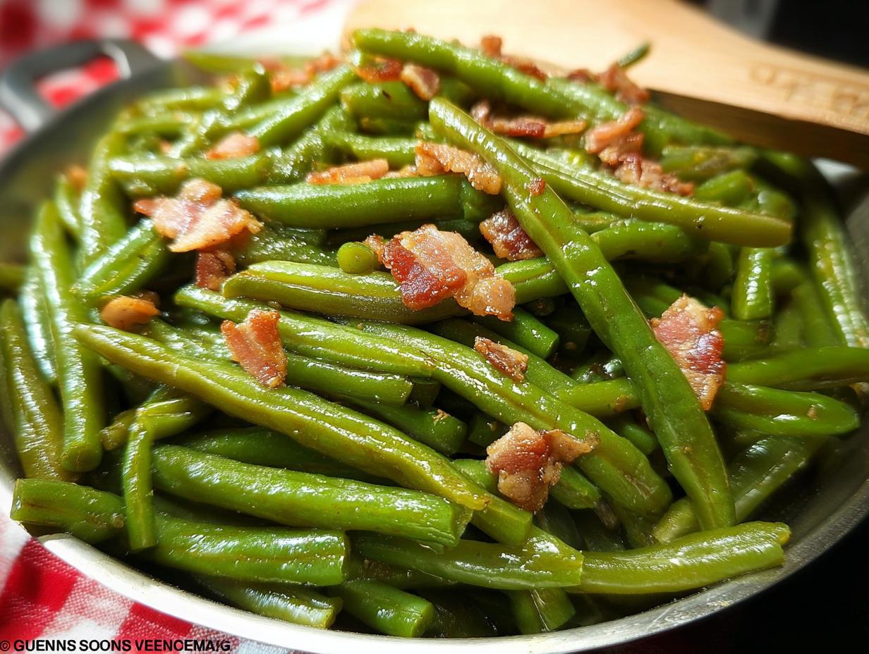 Close-up of vibrant green beans with crispy bacon pieces, perfect for Restaurant-Style Thanksgiving Green Beans at Home.