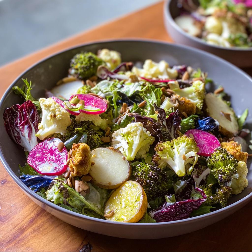 A vibrant bowl of restaurant-style Thanksgiving salad featuring roasted broccoli, cauliflower, potatoes, radishes, and mixed greens.