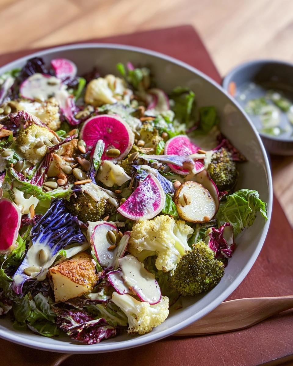 A vibrant bowl of restaurant-style Thanksgiving salad featuring roasted cauliflower, broccoli, radishes, and mixed greens.