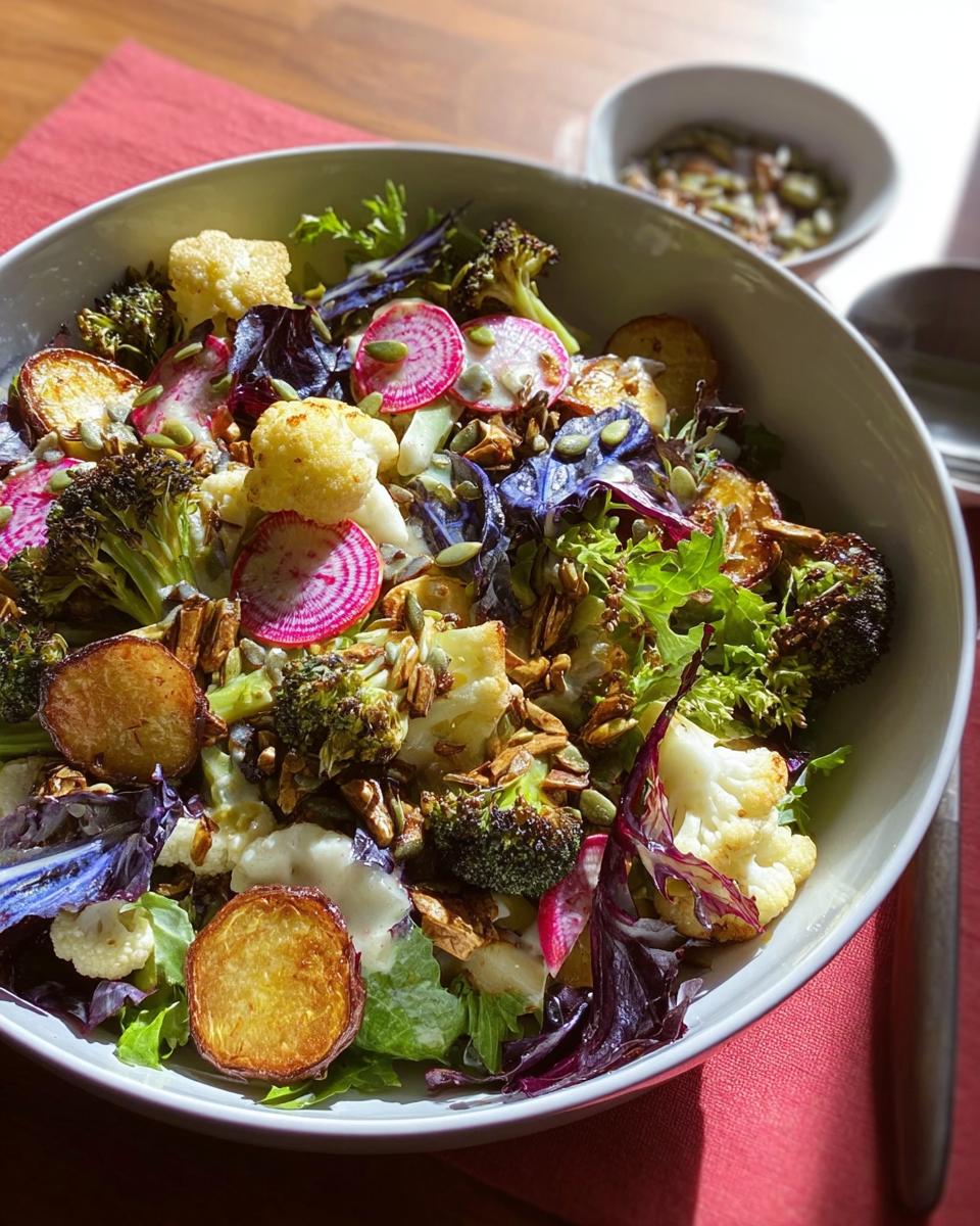 A vibrant bowl of restaurant-style Thanksgiving salad featuring roasted broccoli, cauliflower, potatoes, radishes, and seeds.