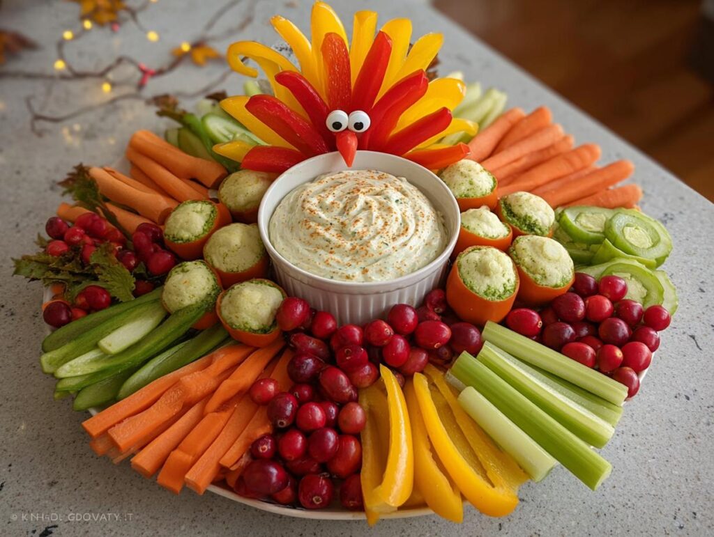 A festive Thanksgiving veggie tray arranged in the shape of a turkey, featuring a variety of colorful vegetables and dip.