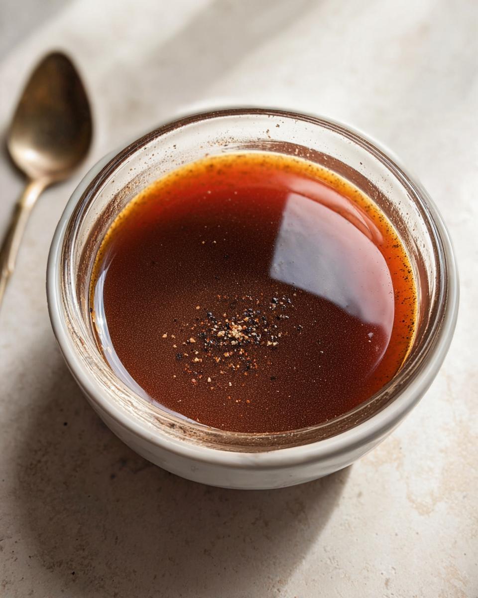 Close-up of rich brown au jus liquid in a small bowl, seasoned with pepper, made from Homemade Dry Au Jus Seasoning Mix.