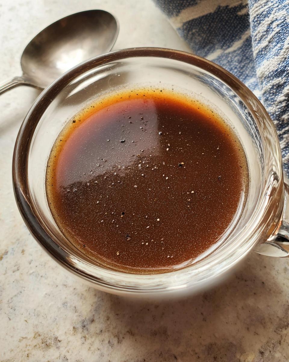 Close-up of rich brown au jus liquid in a small bowl, seasoned with pepper, made from Homemade Dry Au Jus Seasoning Mix.