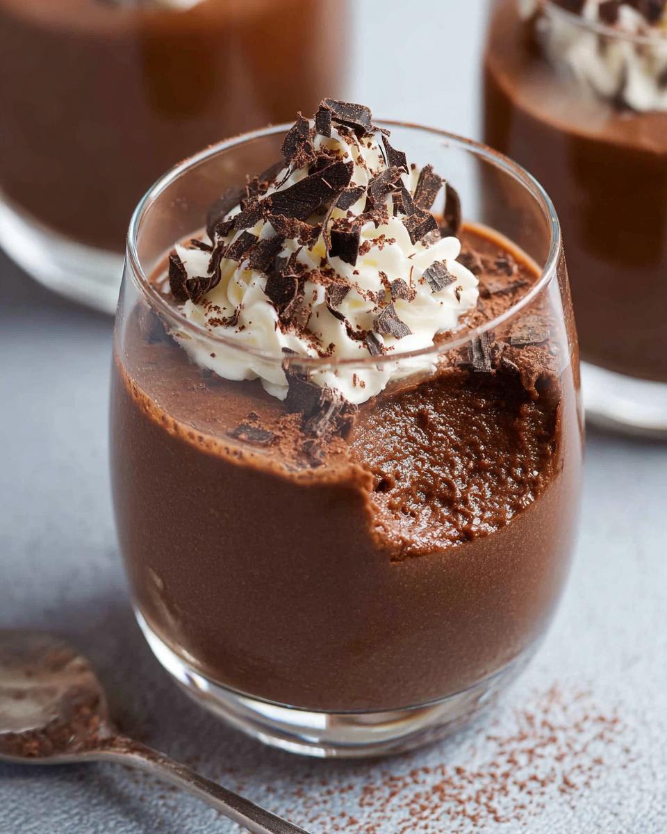 Close-up of a serving of rich Chocolate Mousse in a glass, topped with whipped cream and chocolate shavings.