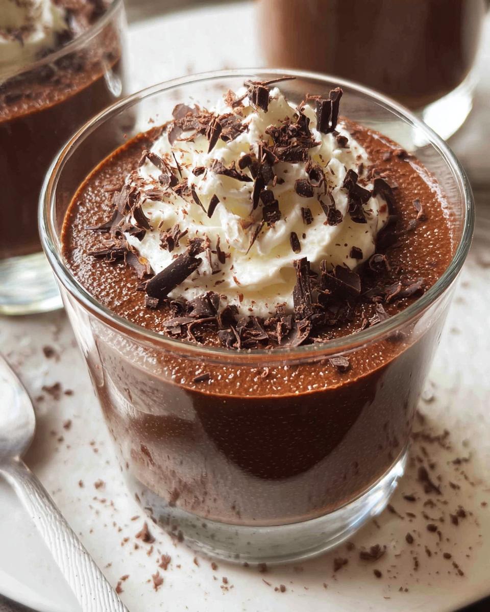 Close-up of a glass filled with rich Chocolate Mousse, topped with whipped cream and dark chocolate shavings.