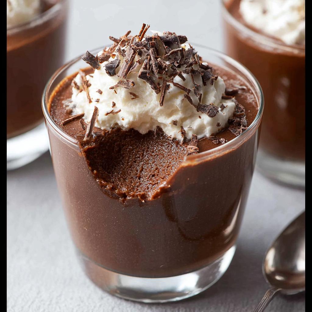 Close-up of a serving of rich Chocolate Mousse in a glass, topped with whipped cream and chocolate shavings.
