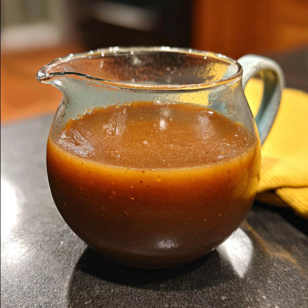 A glass gravy boat filled with rich and flavorful beef au jus recipe liquid, sitting on a dark countertop.