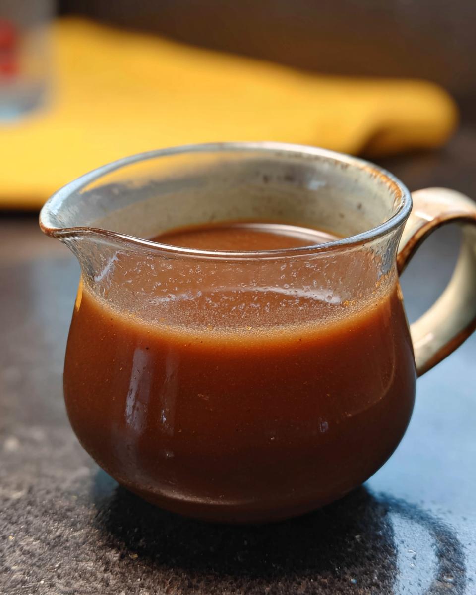 Close-up of a small glass gravy boat filled with rich and flavorful beef au jus recipe