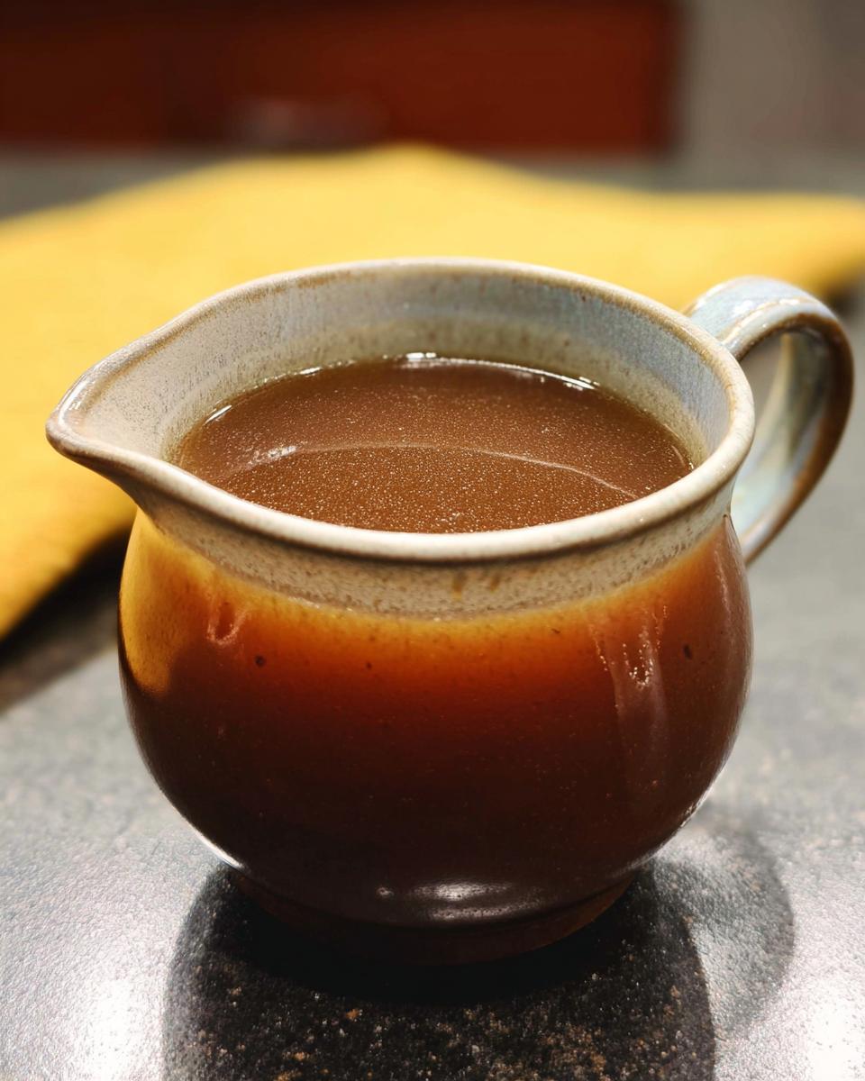Close-up of rich and flavorful beef au jus recipe served in a small, rustic brown and cream ceramic gravy boat.