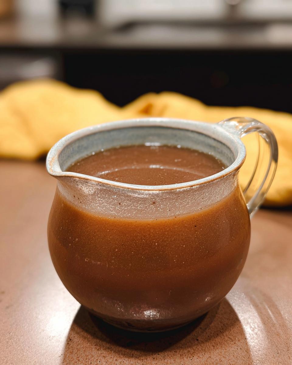 Close-up of a ceramic gravy boat filled with rich and flavorful beef au jus recipe.