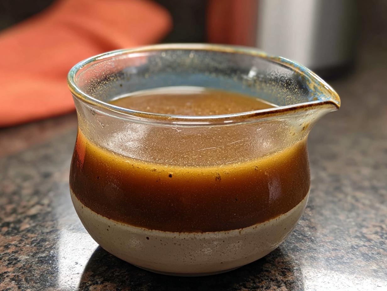Close-up of rich and flavorful beef au jus recipe liquid in a small ceramic and glass gravy boat.
