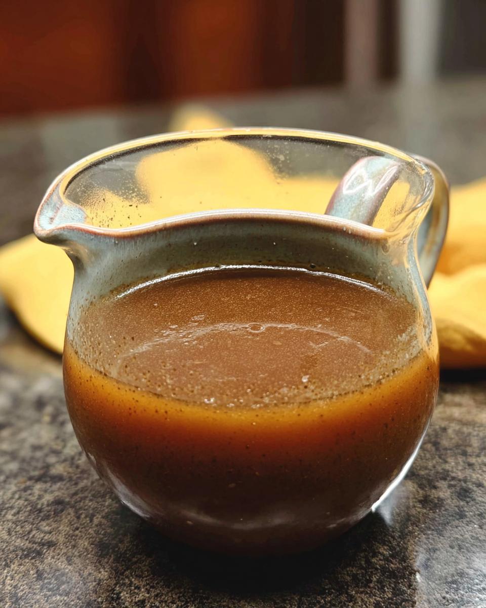 Close-up of rich and flavorful beef au jus recipe liquid in a small ceramic gravy boat.