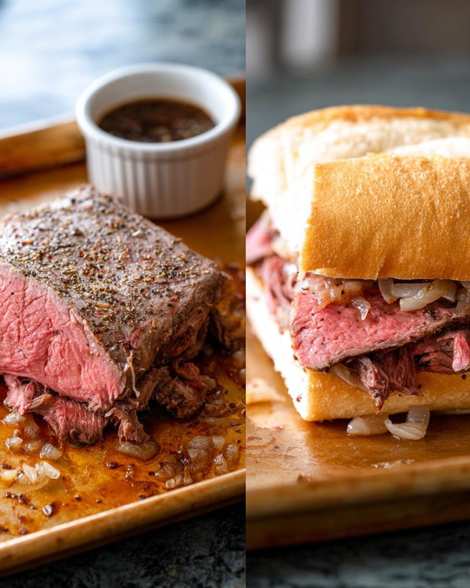 Split image showing rare roast beef with au jus and a finished French Dip sandwich, perfect for dipping in delicious Au Jus.