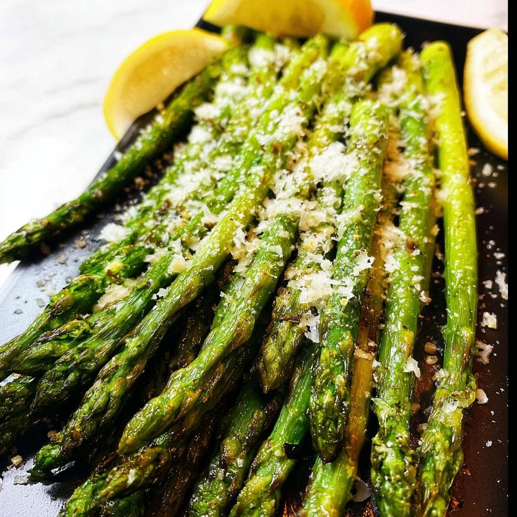 Close-up of bright green Roasted Asparagus with Parmesan cheese sprinkled on top, served with lemon wedges.
