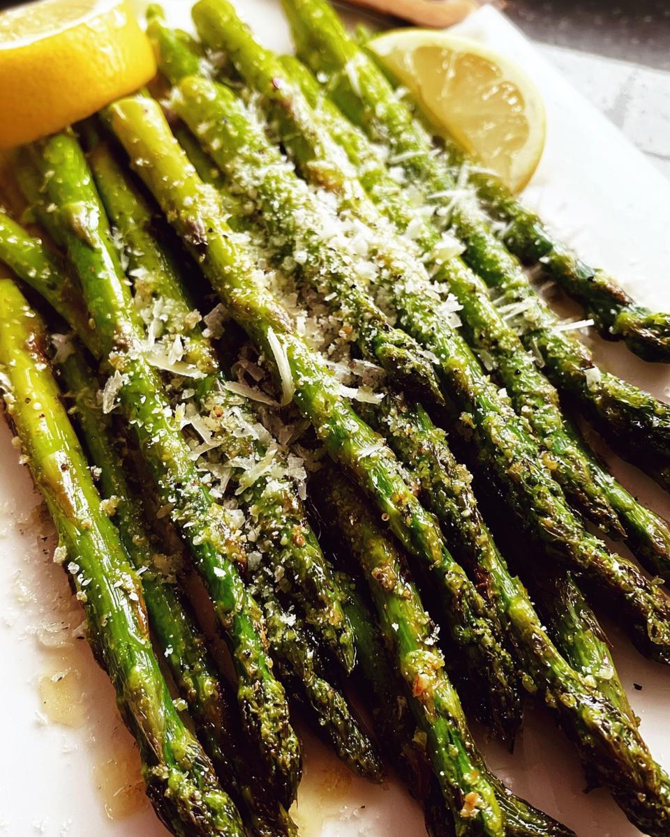 Close-up of vibrant green Roasted Asparagus with Parmesan cheese sprinkled on top, served with lemon wedges.