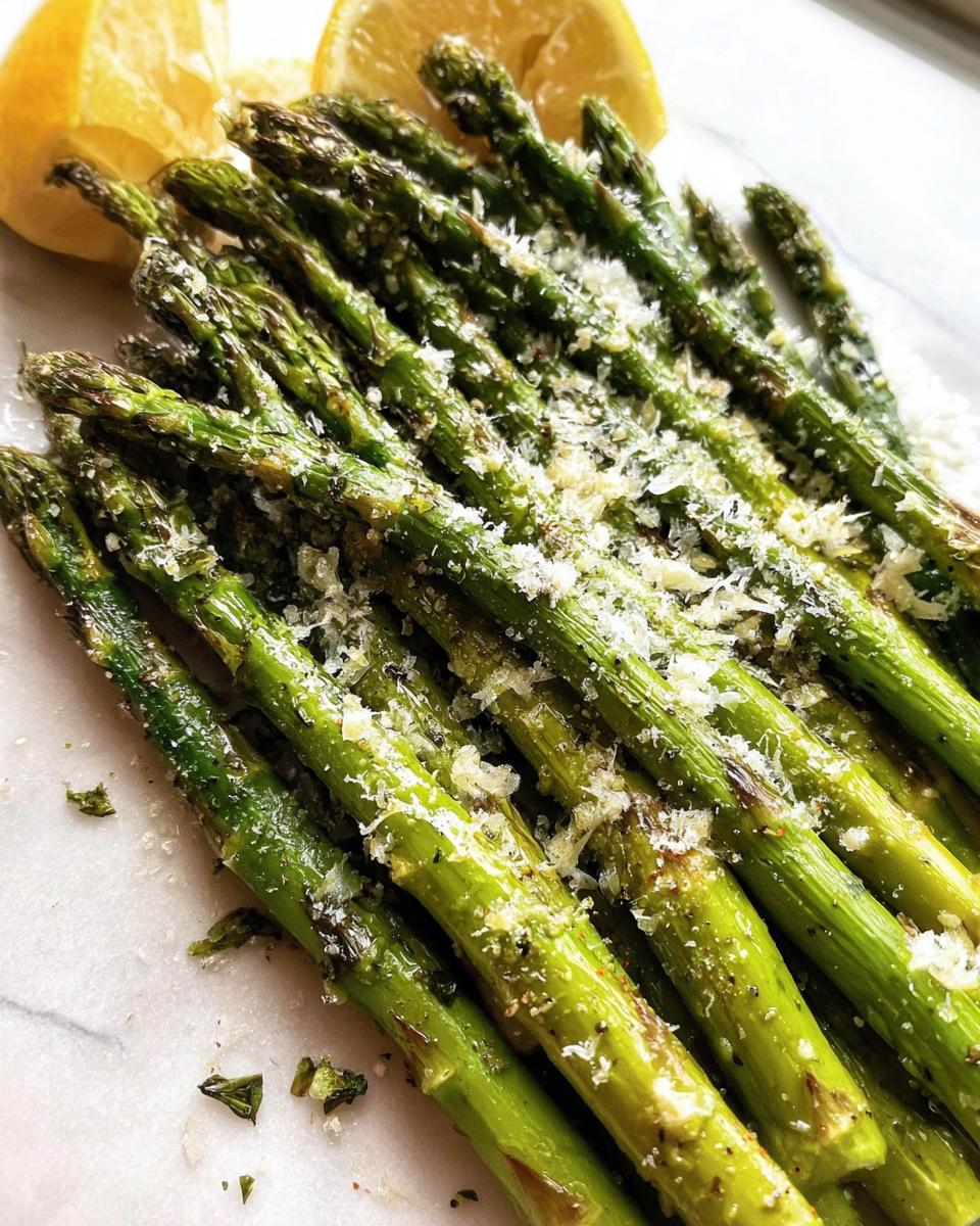 Close-up of bright green Roasted Asparagus with Parmesan cheese sprinkled on top, with lemon wedges nearby.