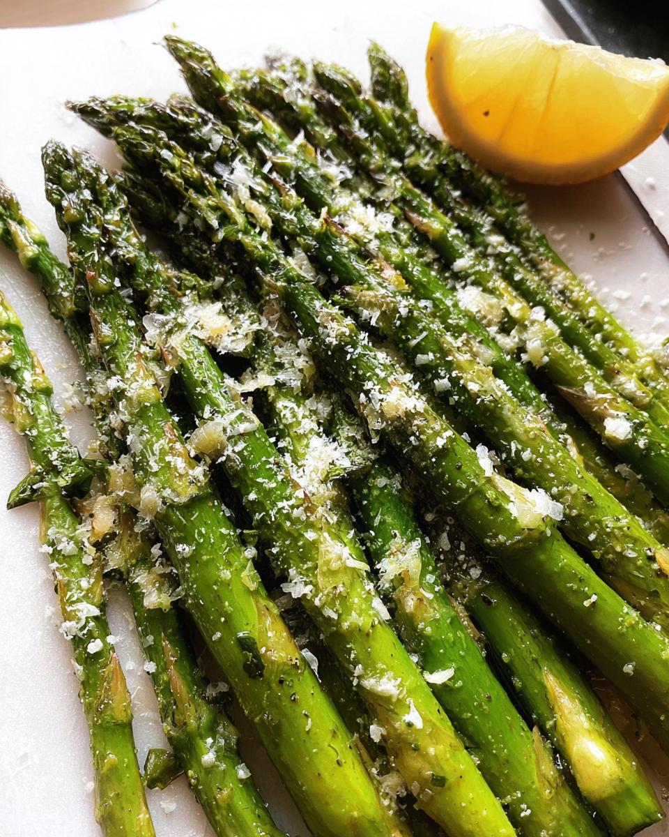 Bright green Roasted Asparagus with Parmesan cheese sprinkled on top, served with a lemon wedge.
