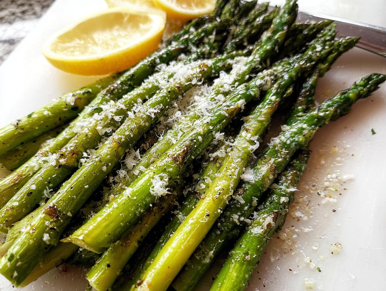 Close-up of bright green Roasted Asparagus with Parmesan cheese sprinkled on top, served with lemon wedges.