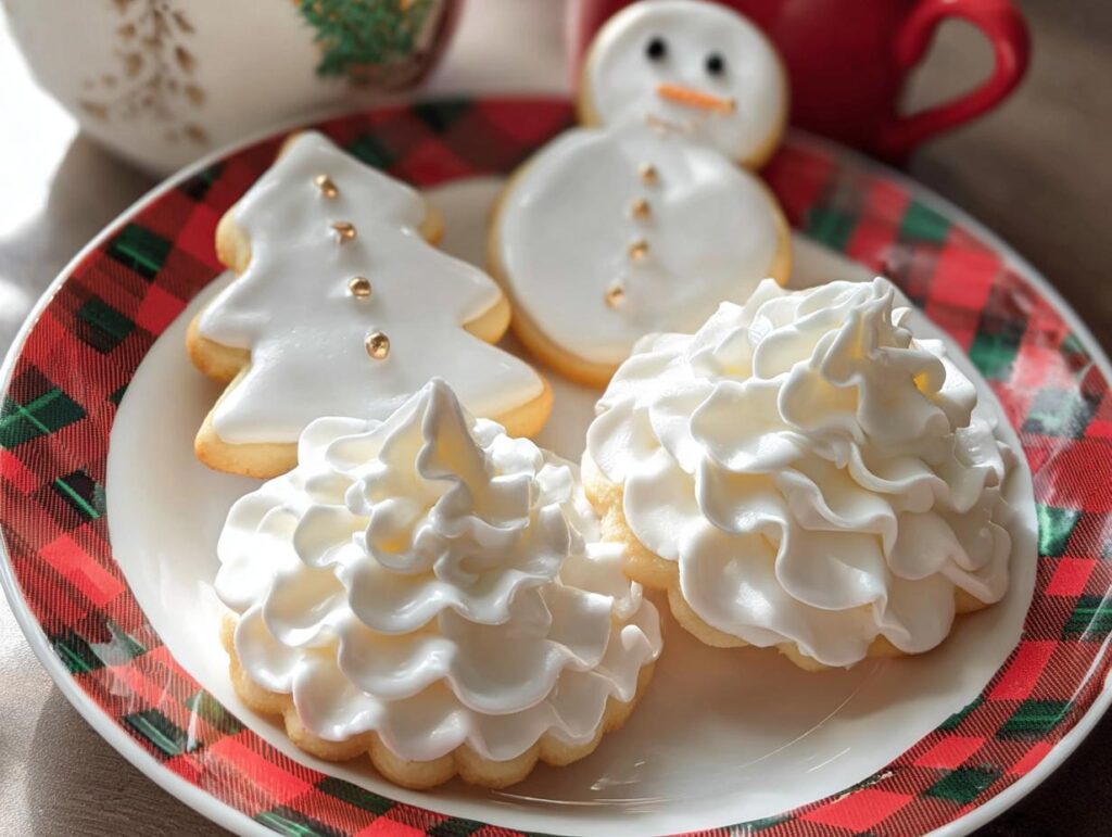 Close-up of Christmas cookies decorated with white Royal Icing, including a tree and snowman shape.