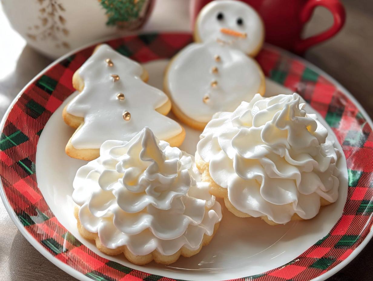 Close-up of Christmas cookies decorated with white Royal Icing, including a tree and snowman shape.