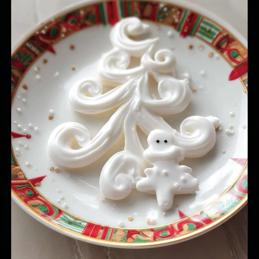Thick, glossy Royal Icing for Decorated Cookies piped into a swirling Christmas tree design on a festive plate.